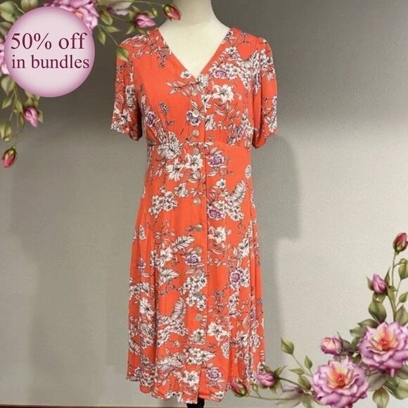 Button down floral blood orange short sleeve dress - Picture 1 of 15